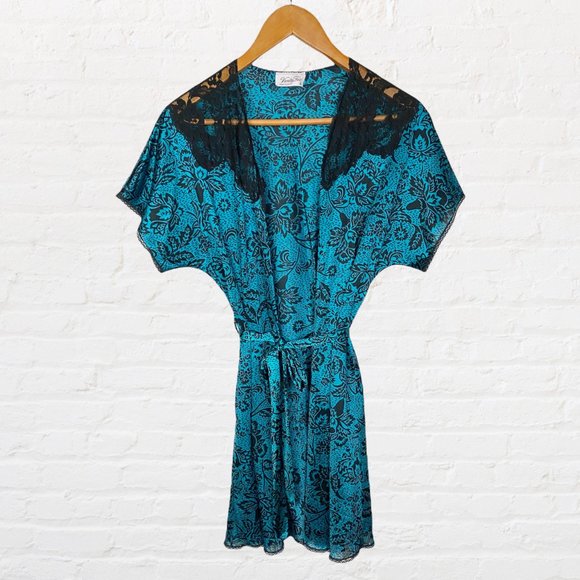 VINTAGE | 1980’s Vanity Fair Teal Black Lace Intimates Slip Dress & Robe Set - Picture 8 of 11